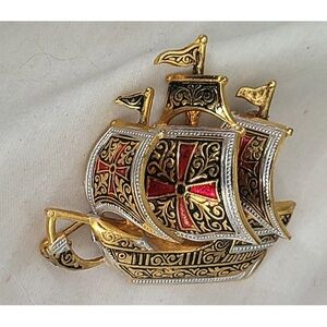Damscene gold tone and Red pirate Ship Brooch signed Spain